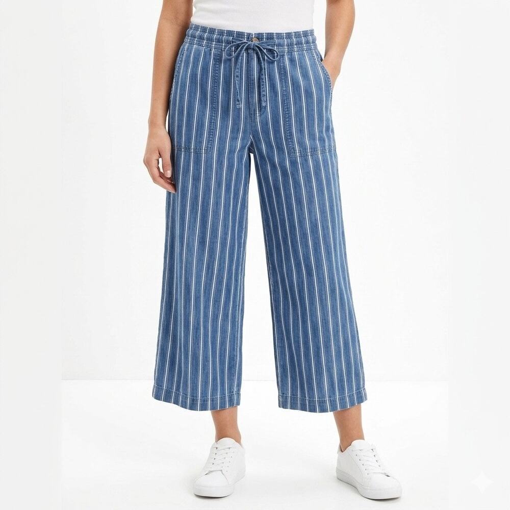 American Eagle Women's Pants 2 Super High Rise Wide Leg Crop Blue Striped Cotton